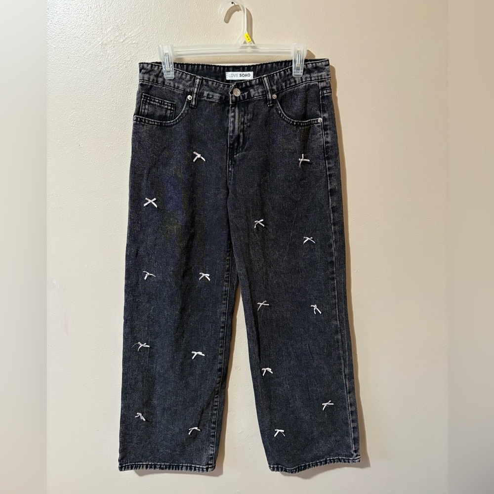 Black Acid Wash Bow Love Soho Wide Leg Jeans Juniors size 9